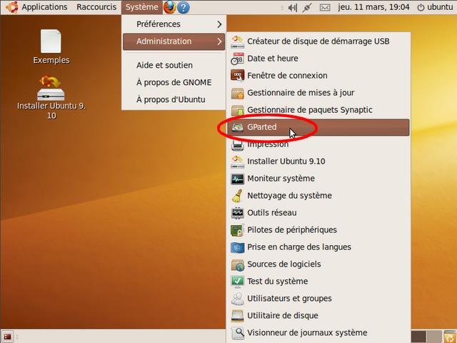Capture écran ScreenShot choix lancer GParted Live CD Ubuntu Linux