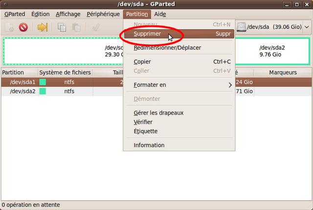 Capture écran ScreenShot GParted supprimer partition Live CD Ubuntu