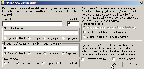 Capture d'écran du logiciel ImDisk Virtual Drive