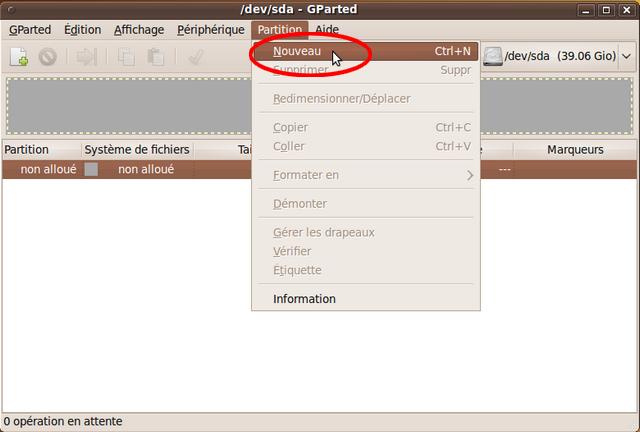 Capture écran ScreenShot GParted nouvelle partition Live CD Ubuntu
