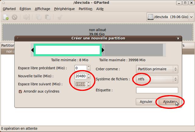 Capture écran ScreenShot GParted ajouter partition Live CD Ubuntu