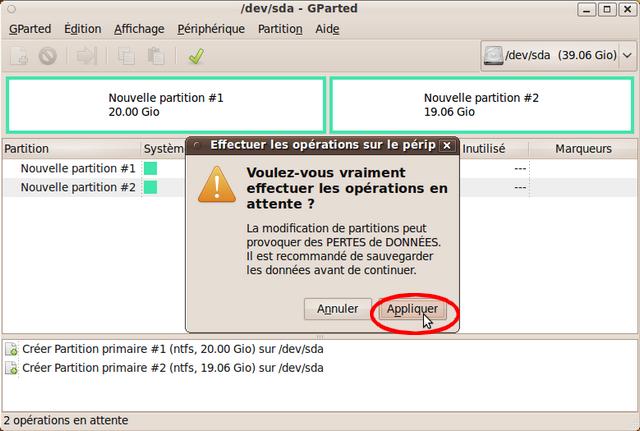 Capture écran ScreenShot GParted confirmer Live CD Ubuntu Linux
