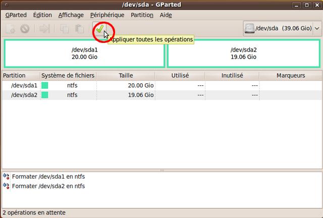 Capture écran ScreenShot GParted appliquer changements Live CD Ubuntu