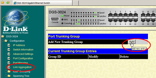 Capture d'écran de l'interface de gestion web du switch dlink DGS3024 ajout agrégation de lien