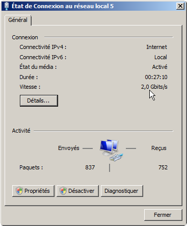 Capture d'écran connexion au réseau local 2 Gbits/s