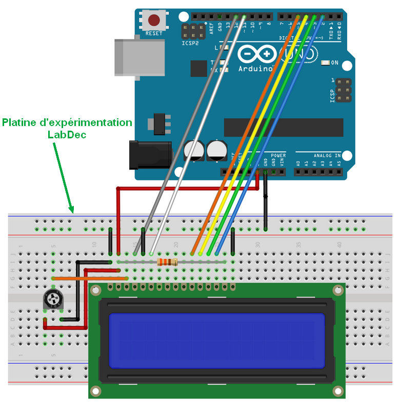 Arduino et afficheur LCD 2x16 caractères bleu sur labdec
