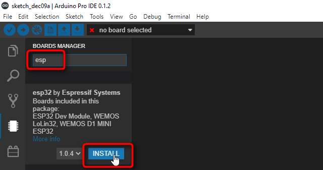 Arduino Pro IDE Board manager Install ESP32 ESP8266