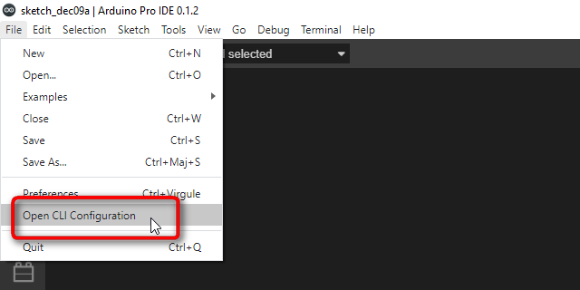 Arduino Pro IDE File Open CLI Configuration