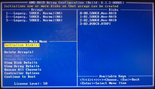 Capture d'écran BIOS du Contrôleur RAID Initialisation des disques