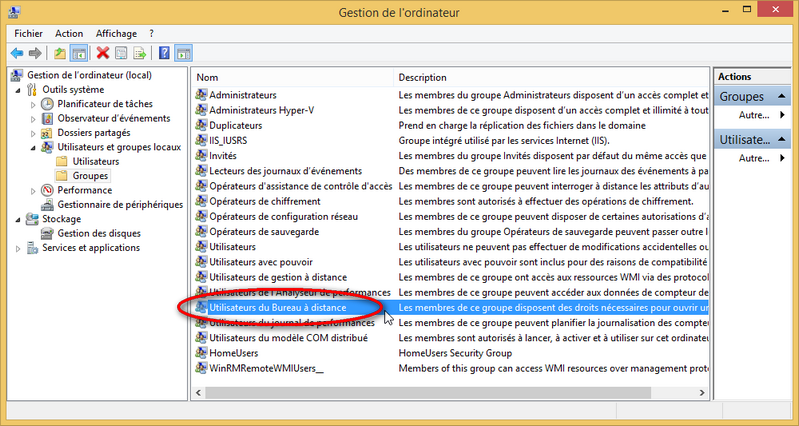 Capture d'écran des groupes d'utilisateurs Windows dont Utilisateurs d
