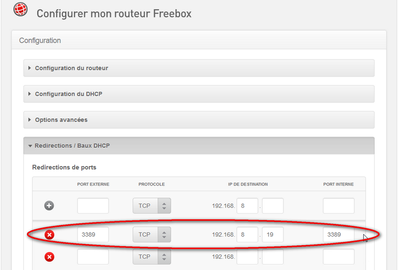 Capture d'écran configuration Freebox pour redirection port RDP 3389
