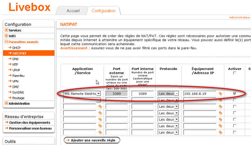 Capture d'écran configuration Livebox pour redirection port RDP 3389