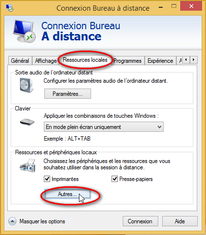 Capture d'écran configuration des options de connexion RDP