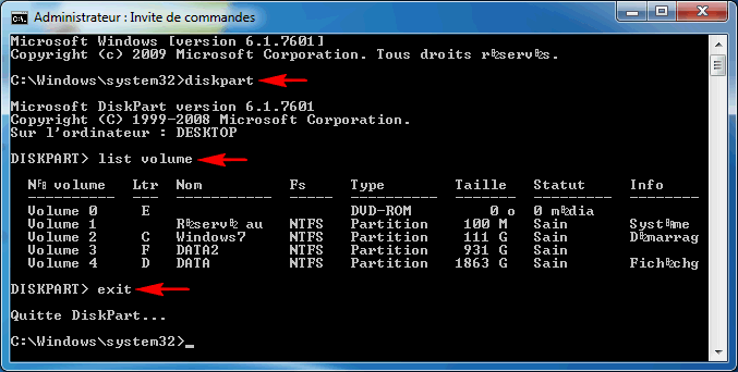 Capture d'écran ligne de commande cmd.exe Diskpart list volume