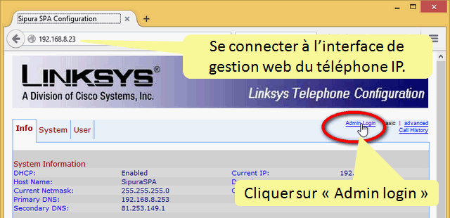 Capture d'écran interface utilisateur téléphone SPA901 Linksys Cisco