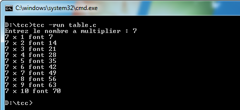 Capture d'écran compilation d'un programme C tcc