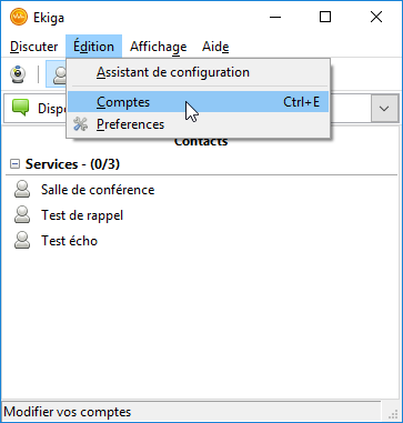 Ekiga menu Edition Compte SIP