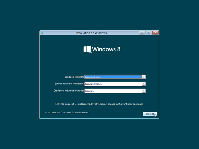 Capture du premier écran de l'installation de Windows 8