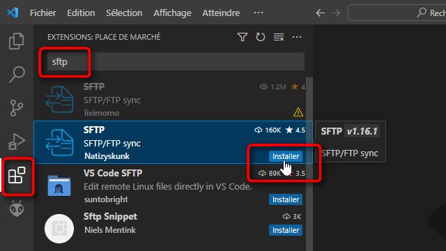 Capture écran Installation Extension SFTP VsCode
