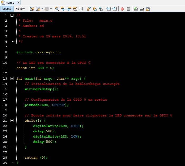 NetBeans Code C Main Blink GPIO Raspberry Pi