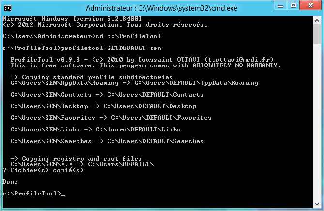 Copie d'écran de ProfileTool sous Windows 8