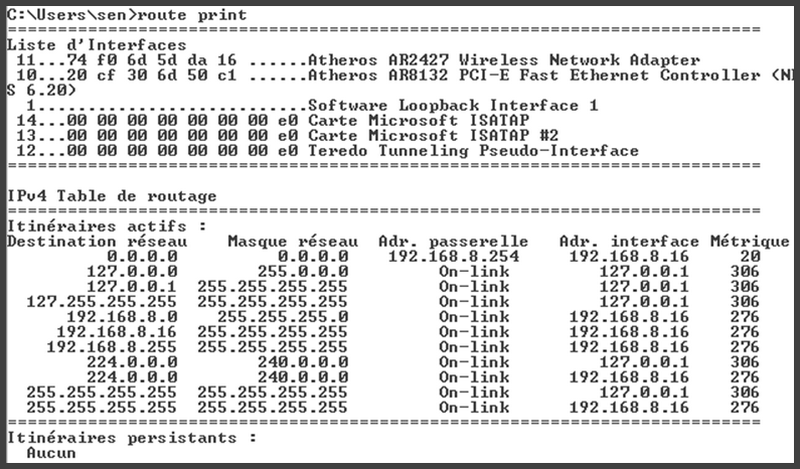 Capture d'écran table de routage IP v4 Windows
