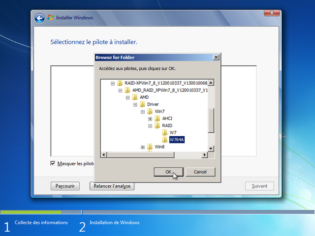 Capture d'écran installation de Windows sélection d'un pilote 64 bits