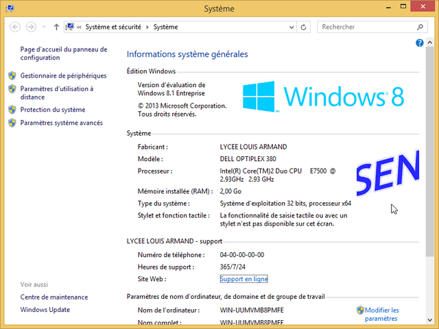 Capture d'écran fenêtre propriétés système Windows 8 personnalisée ave