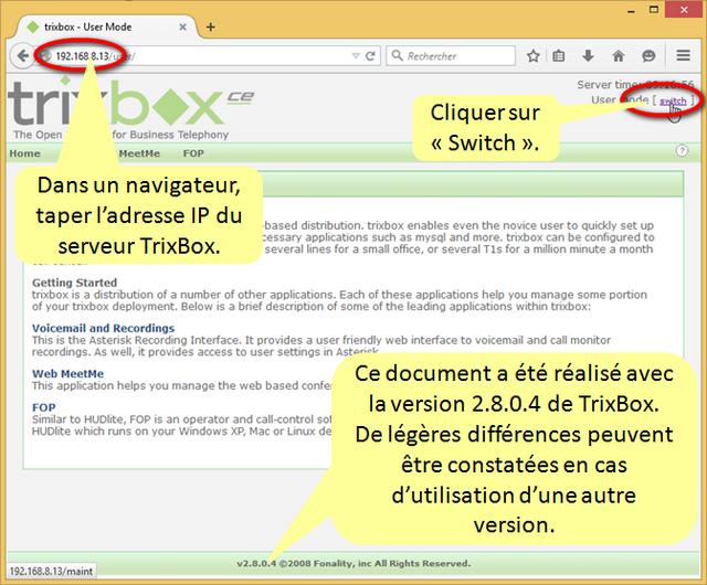 Capture d'écran de la page web d'accueil utilisateur de TrixBox