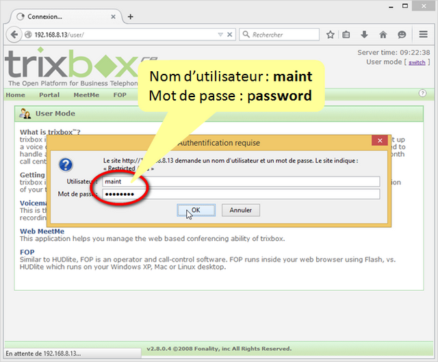 Capture d'écran saisie login et mot de passe TrixBox