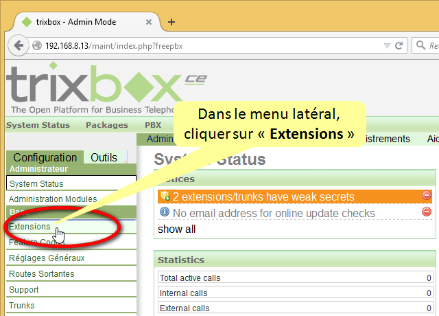 Capture d'écran menu Extensions TrixBox