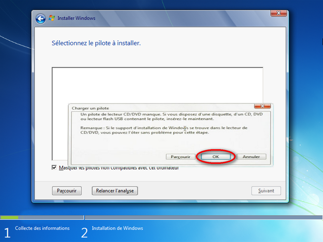 Capture d'écran installation de Windows un pilote de lecteur CD DVD manque...
