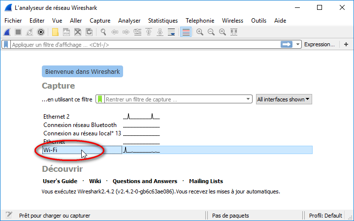 Capture d'écran du logiciel Wireshark sélection de l'interface réseau