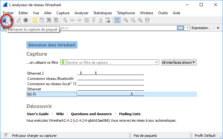 Capture d'écran du logiciel Wireshark start a new live capture