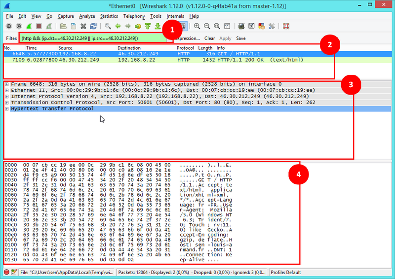 Capture d'écran du logiciel Wireshark explication des différentes zone