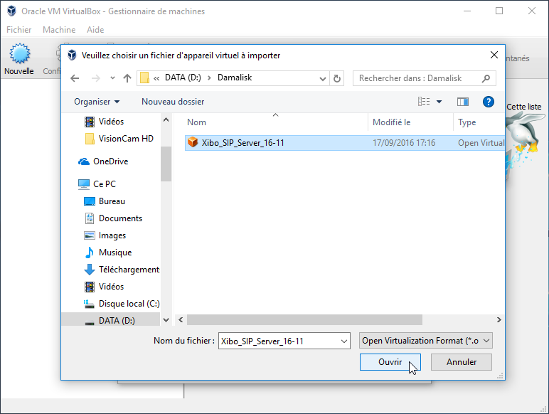 VirtualBox Importer Sélection Fichier .ova