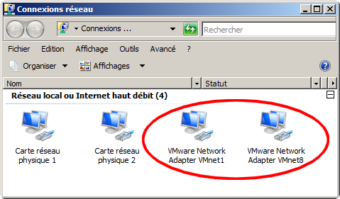 Copie d'écran des interfaces réseau virtuelles installées par VMware
