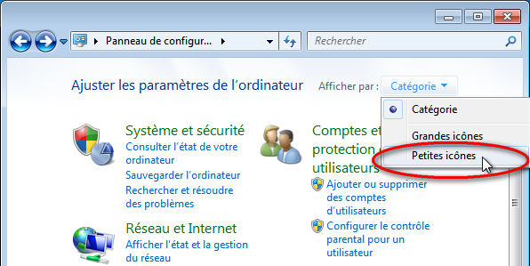 Capture d'écran panneau de configuration Windows 7