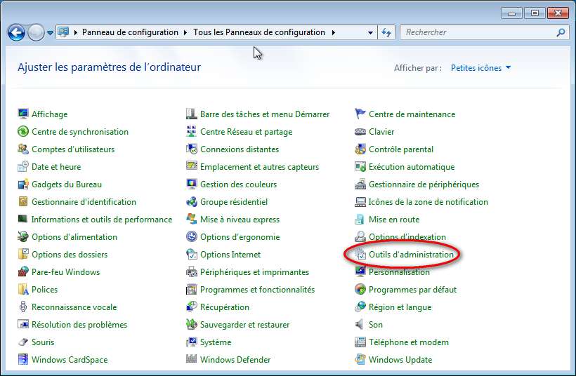 Capture d'écran tous les panneaux de configuration Windows 7