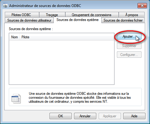 Capture d'écran Sources de données (ODBC)