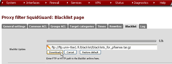 Capture d'écran configuration téléchargement ftp blacklist squidguard