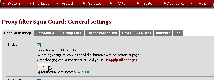 Copie d'écran de la page de configuration de Squidguard pfSense