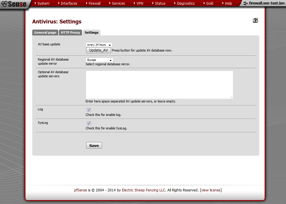 Capture d'écran Settings HAVP Antivirus http clamAV pfSense
