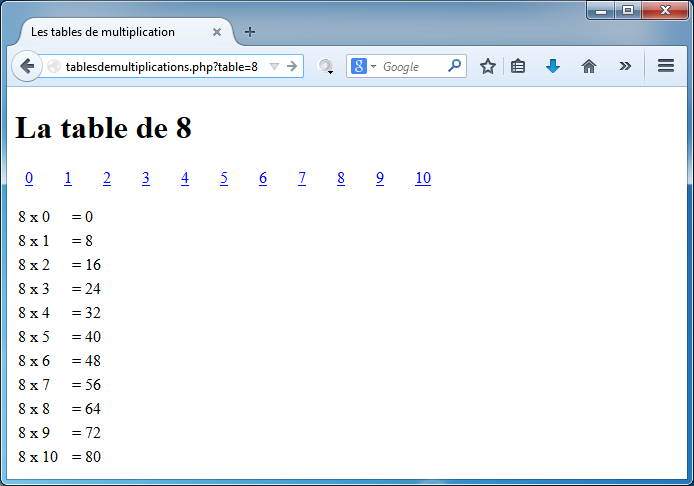 Copie d'écran du résultat du script php : affichage des tables de mult