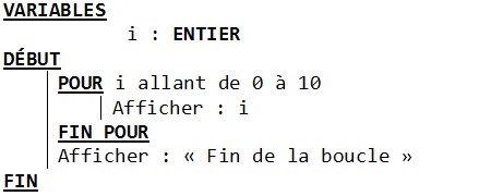 pseudo code boucle pour for