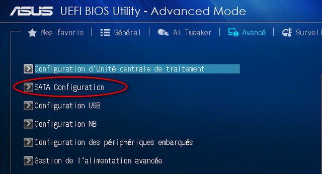 Capture d'écran BIOS UEFI ASUS mode avancé SATA