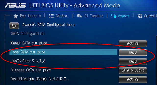 Capture d'écran BIOS UEFI ASUS mode avancé SATA RAID